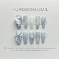 Handmade light blue press-on nails with 3D angel relief and rose details on long coffin shape - Large (L) / Foggy Blue Angel Long Trapezoid