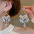 Golden drop earrings with sparkling cubic zirconia and light blue teardrop beads detail - Chandelier Light Blue Pendant (22#) / Gold/Blue