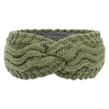 Detail of olive green knit headband with warm grey fleece lining and twist design - Light Army Green