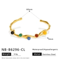Detail of wave-textured gold stainless steel bangle with colorful agate stones - Multicolor Beads (NB-B6296-CL)