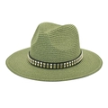 Detail of army green straw fedora hat featuring black leather band with gold square studs - M (56-58cm) / Army Green