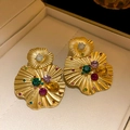 Vintage flower earrings with multicolored rhinestones and gold petal layering - Gold Shell Style (37#)