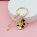 Llavero de paleta y pincel dorado con manchas de pintura de esmalte de colores - Estilo de aro dorado