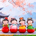 Set of four cute traditional Chinese doll figurines in colorful Hanfu on red bases - Tang Maiden Figurines Assorted Set Medium