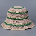 Detail of multi-color woven straw hat with pink and green stripes for summer beach wear - M (56-58cm) / Green