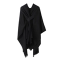 Solid black knitted shawl poncho with front tie knot and fringe hem detail - Pure Tassel Black