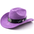 Detail of purple faux suede cowboy hat with turquoise buckle and floral embroidery - M(56-58cm) / Taro Purple