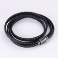 Multi-layer braided black leather bracelet with a cylindrical magnetic metal clasp - Black