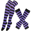 Purple and black striped over-the-knee socks and arm warmer set for cosplay outfits - One Size / Purple & Black Wide Stripes