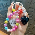 Handheld colorful beaded keychain with black heart charm and For Ever tag charm - Colorful Beaded Heart Pendant / Black