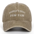 Detail of World's Best Paw Paw white embroidery on washed khaki cotton baseball cap - Khaki