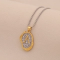 Close-up of gold irregular letter A pendant with sparkling crystals on silver chain - Letter A