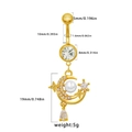 Detailansicht goldener Schmetterlings-Bauchnabelpiercing mit Mond, Zirkonia und Maßangaben - 24062702-9