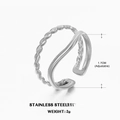Silver layered stainless steel ring with twisted rope and wavy bands, adjustable design - Line Style / Steel