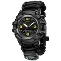 Tactical dual-display watch with black paracord strap and built-in compass for hiking - Best Seller Black