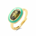 Adjustable gold ring with olive green gem and mint green enamel vintage style design - Green & Olive Green