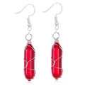Detail of red hexagonal crystal earrings with silver wire wrapping and fishhook wires - Wire Wrapped Hexagonal Prism Earrings / Silver Transparent Red Earrings