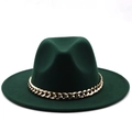 Detailed close-up of dark green felt fedora hat featuring a stylish gold chain band - Dark Green
