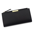 Lange schwarze Damen Geldbörse aus PU-Leder mit Reißverschluss und Metallplakette - Schwarz