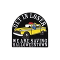 Halloween enamel pin with skull taxi driver and yellow cab on a white background - Get In Loser Halloween Taxi
