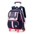 Pink and navy rolling school bag with ergonomic six-wheel design for girls and kids - 6-Wheel Trolley (Stair Climbing) / Dark Blue with Pink