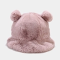 Close-up of fluffy faux rabbit fur texture on a pink bucket hat with cute bear ears - M (56-58cm) / Pink