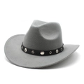 Detailed macro view of light gray felt cowboy hat with studded black leather band - M (56-58cm) / Gray