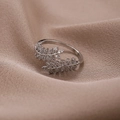 Silver leaf open ring with cubic zirconia on satin, elegant adjustable tree branch jewelry - Adjustable Open / Silver (D9404)