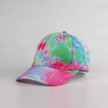 Side view of trendy tie-dye baseball cap with pink and blue graffiti print details - Adjustable / Pink and Green
