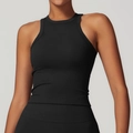 Slim fit seamless black yoga tank top with ribbed elastic fabric and classic round neck - S / Premium Black