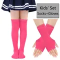 Kids knitted rose red stripe over-knee socks and fingerless long gloves accessory set - Solid Rose Red