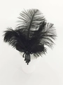 Detailed view of 1920s black feather headband with beaded fringe on white model head - Three Feathers Black Bead Flower