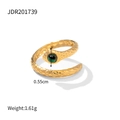 Macro detail of gold snake ring with green stone eye and embossed scale texture - Snake Shaped Open Ring (JDR201739)