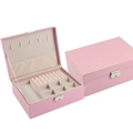 Pink double-layer PU leather jewelry box with multi-compartment storage and ring slots - Pink