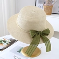 Elegant flat top straw hat with olive green bow and pearl detail for beach vacations - M (56-58cm) / JS80461-9 Beige