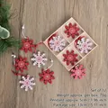 12pcs Christmas wood snowflake ornaments set in red and white with a wooden storage box - Style J
