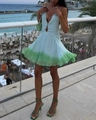 Detail of deep V halter neck dress with blue to green gradient and waist cut-out - S / Light Blue