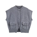Women's grey knitted vest with button closure, round neck, and decorative twin pockets - S / Gray