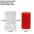 Transparent cylindrical acrylic candle mold with a sample red wax pillar candle - Cylinder 6x10cm