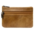 Vintage brown crazy horse leather coin purse with double zippers and litchi texture - Brown