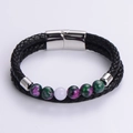 Pulsera doble de cuero trenzado negro con cierre magnético y cuentas de piedra natural - Estilo Plateado A (Doble Vuelta Negro/Cierre Plata/Zoisita)