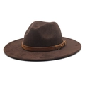 Close-up of a dark brown suede cowboy hat featuring a decorative strap and metal buckle - M (56-58cm) / Brown