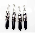 Set van vier zeshoekige blauwe zandsteen hangers met vintage zilveren filigraan kapjes - Zilveren holle kap zeshoekig prisma (Alleen hanger) (1 stuk) / Obsidiaan