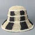 Handwoven straw bucket hat with checkerboard pattern for summer sun protection - M (56-58cm) / Black