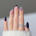 Blue and pink almond press-on nails with silver glitter stripes and bow design - Bz1657 Blue Knot Ribbon / Jelly Glue + Nail File