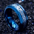 Titanium steel ring with blue finish and silver Celtic dragon inlay pattern - Blue Plated Blue Silver Dragon