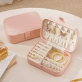 Pink portable travel jewelry organizer with snap closure and velvet lining for rings - Single Layer Rectangular (Pink)