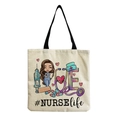 Nurse themed canvas tote bag in beige with nurse life illustration and black handles - Cartoon #NURSElife Medical LOVE Style (hm7103)