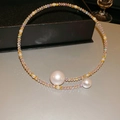 Irregular crossing pearl necklace with iridescent beads and golden finish details - 14# Pink Pearl Crystal Choker