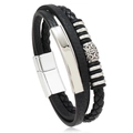 Men's multi-layer braided leather bracelet with silver magnetic alloy clasp and beads - Black 01